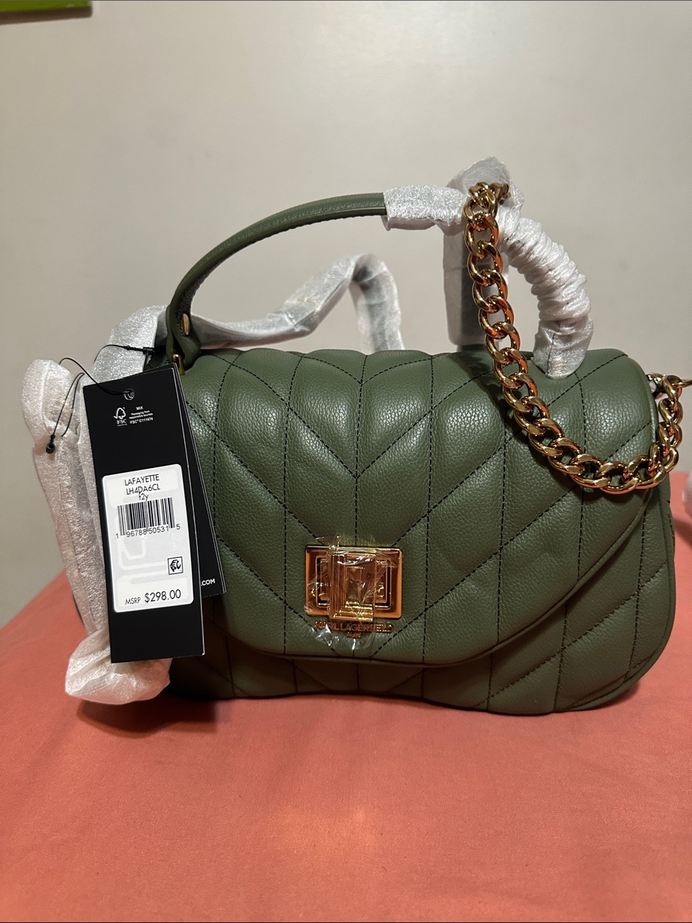 Karl Lagerfeld Quilted Olive Green Shoulder Bag with Gold Hardware